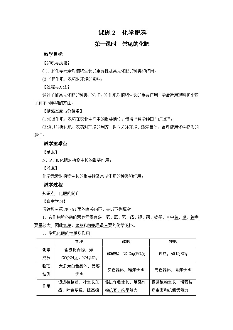 人教版初中 九年级化学 下册 第十一单元 课题2 化学肥料教案+课件01