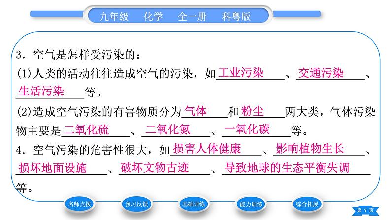 科粤版九年级化学上第二章空气、物质的构成2.1空气的成分第2课时我们的呼吸作用 保护大气环境习题课件07