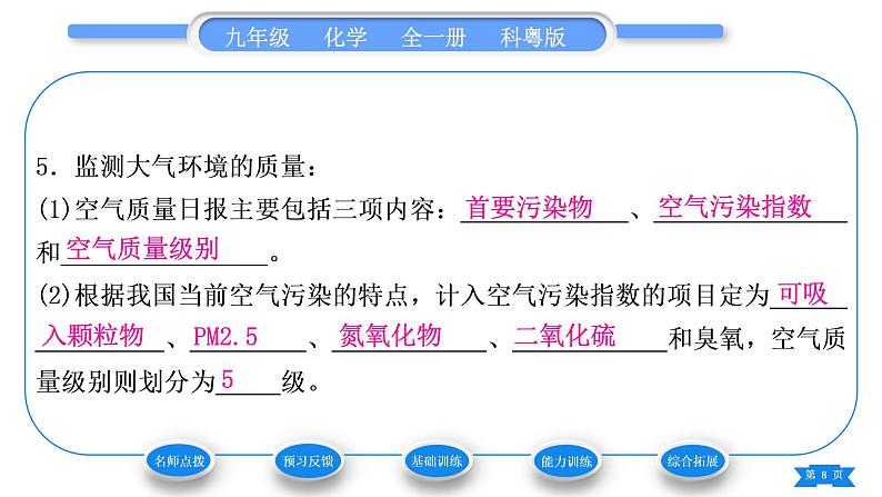 科粤版九年级化学上第二章空气、物质的构成2.1空气的成分第2课时我们的呼吸作用 保护大气环境习题课件08
