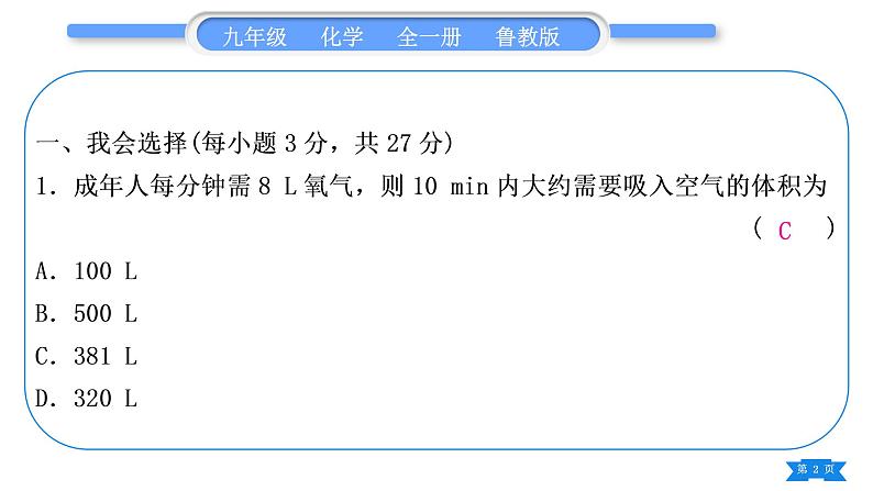 鲁教版九年级化学上单元周周测五(4.1-4.2)习题课件第2页