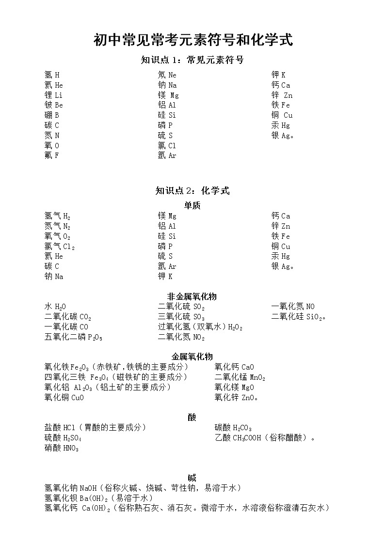 初中化学常见常考元素符号和化学式汇总第1页