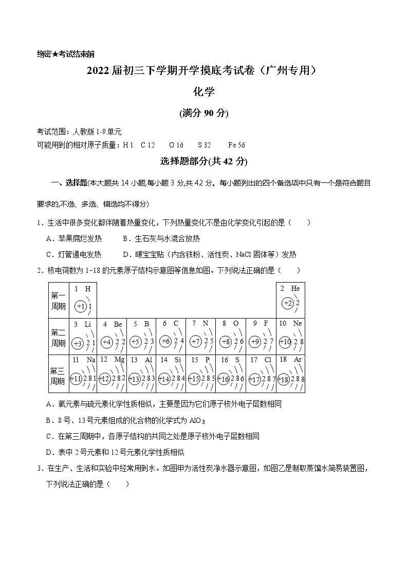 化学-2022届初三下学期开学摸底考试卷（广州专用）01