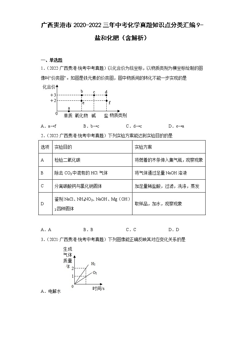 广西贵港市2020-2022三年中考化学真题知识点分类汇编9-盐和化肥(含解析)第1页