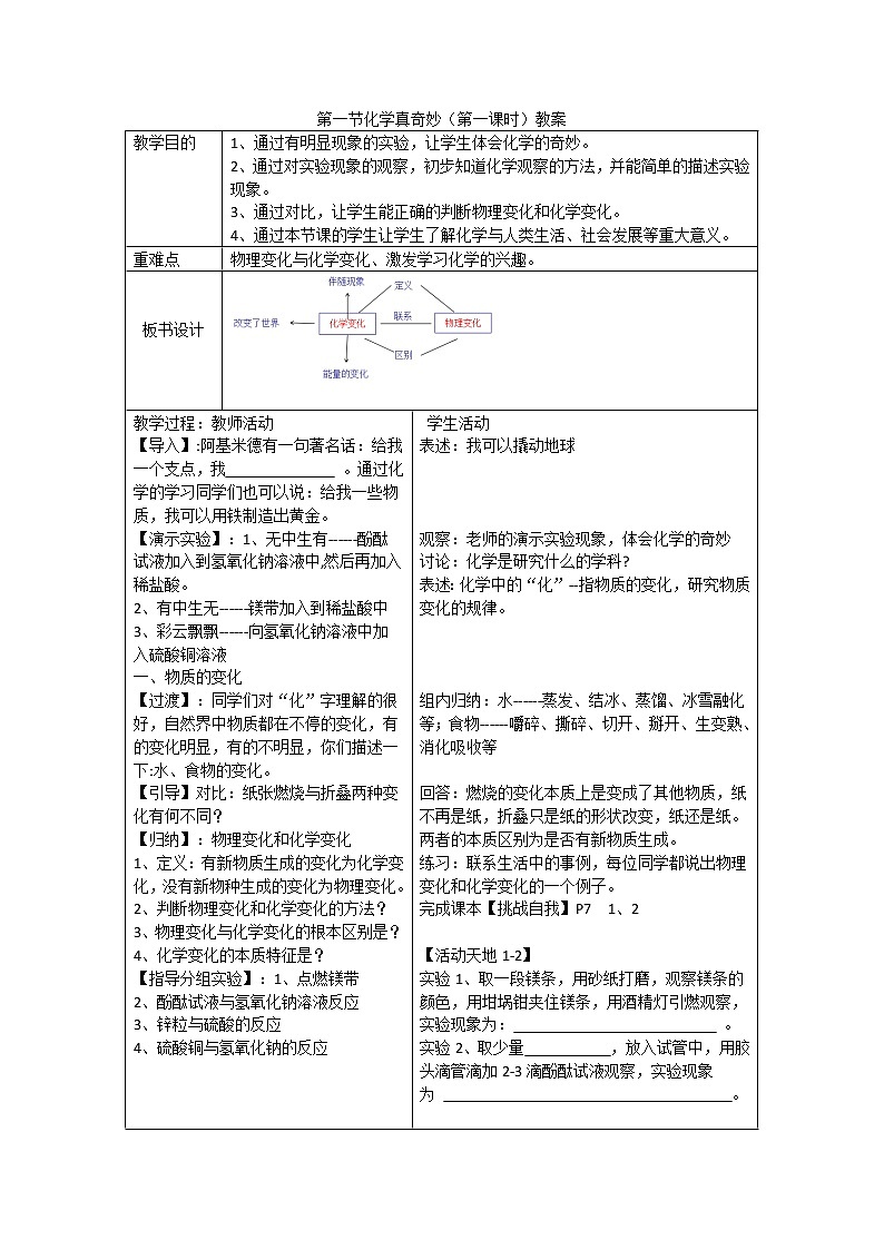 1.1+化学真奇妙(第一课时)教案+鲁教版九年级化学上册第1页