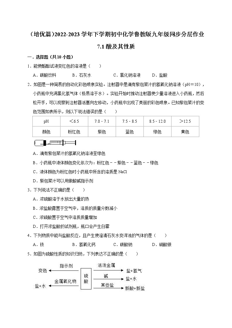 (培优篇)2022-2023学年下学期初中化学鲁教新版九年级同步分层作业7.1酸及其性质01