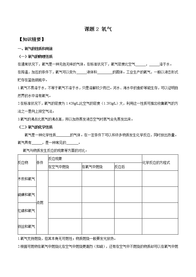 课题2氧气性质——2022-2023学年九年级化学上册 (人教版)(无答案)01