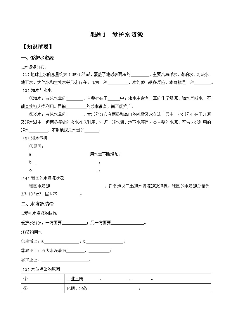 課題1 愛護水資源—2022-2023學年九年級化學上冊 （人教版）(無答案)第1頁