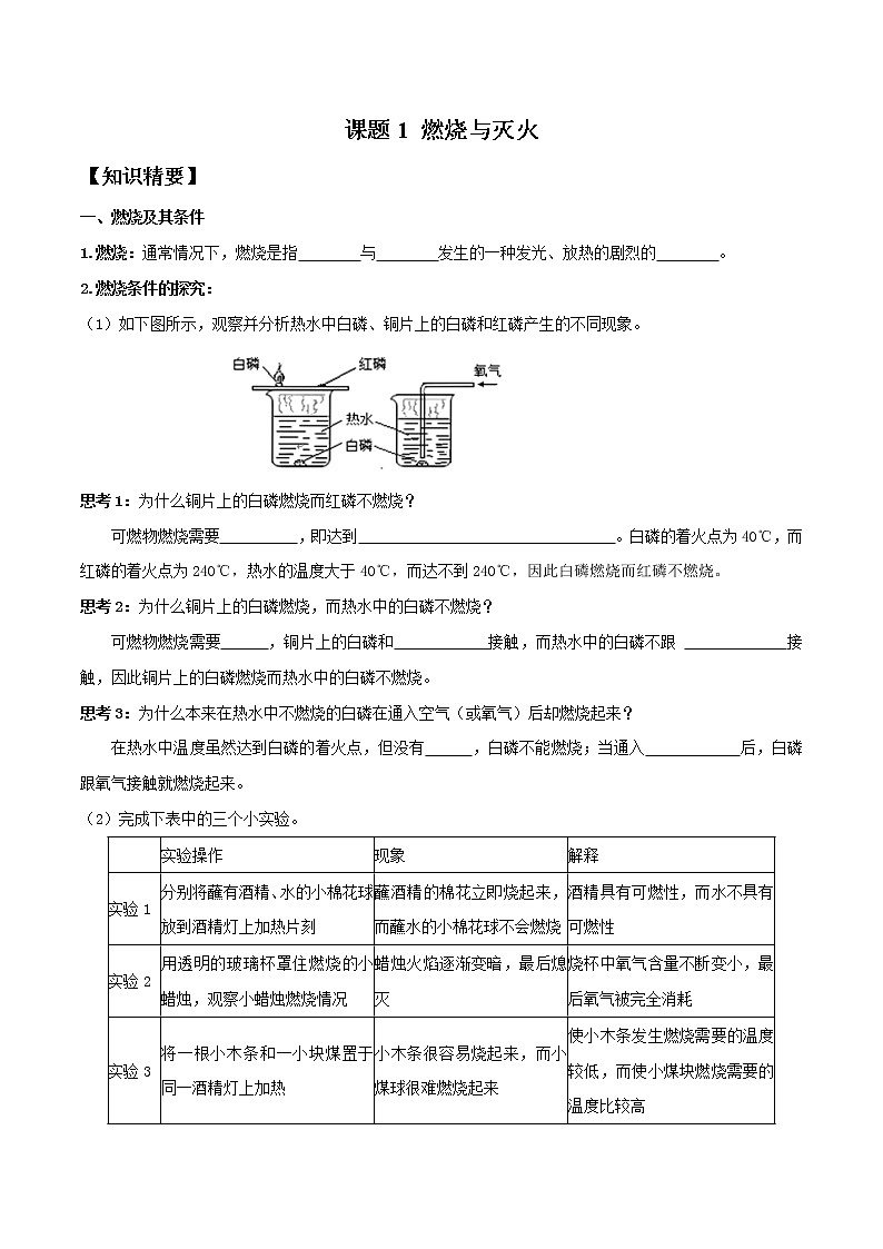 第七单元 课题1 燃烧与灭火—2022-2023学年九年级化学上册 (人教版)(无答案)01