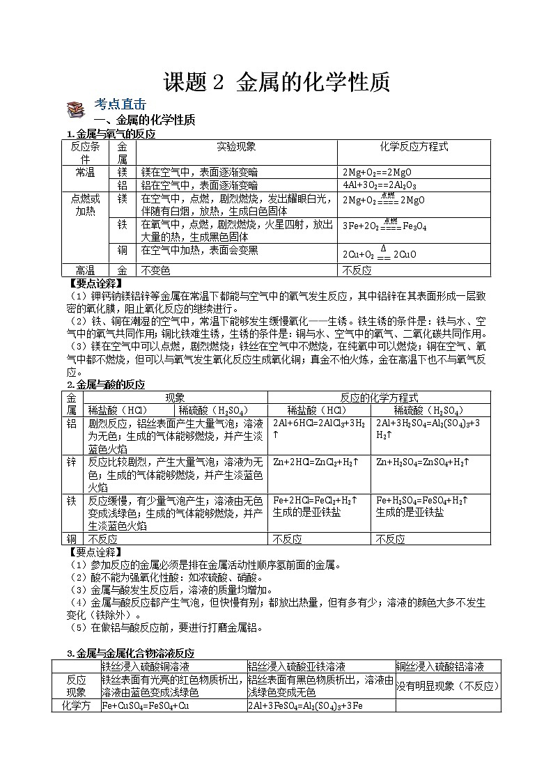 课题2 金属的化学性质-九年级化学下册尖子生必备考点精讲精练(人教版)(原卷版)第1页