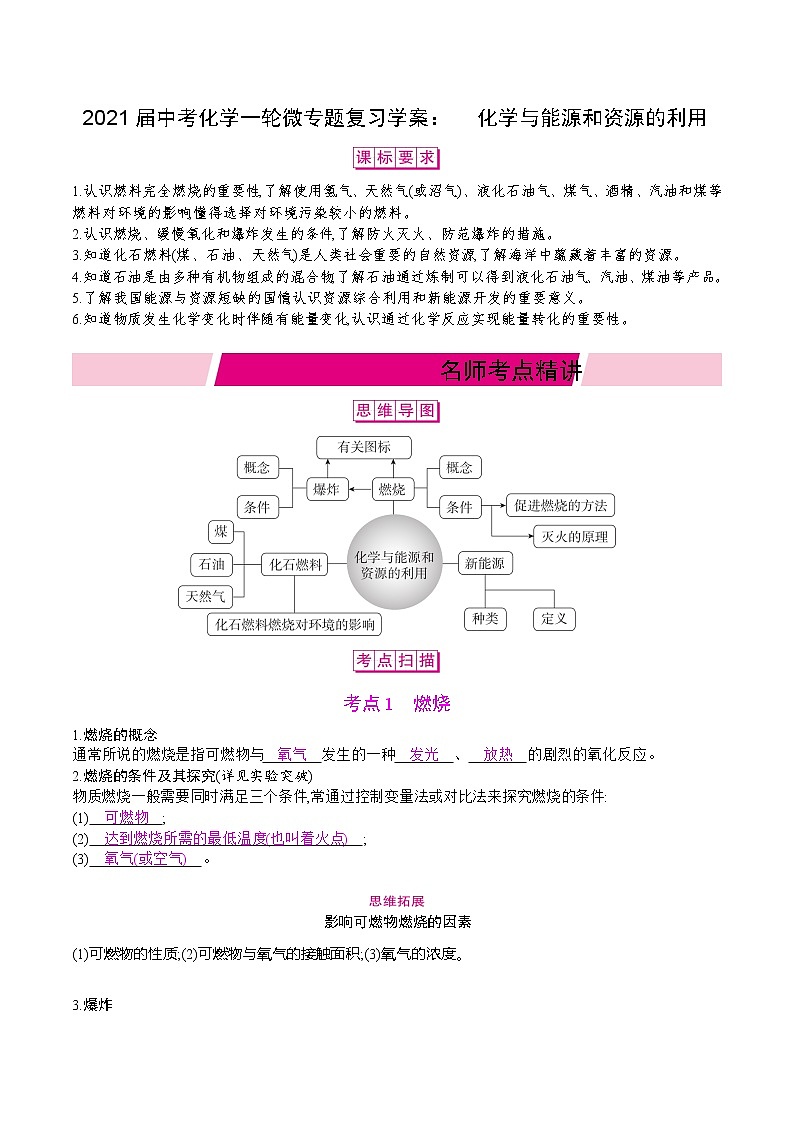 初中化学中考复习 2021届中考化学一轮微专题复习学案: 化学与能源和资源的利用第1页