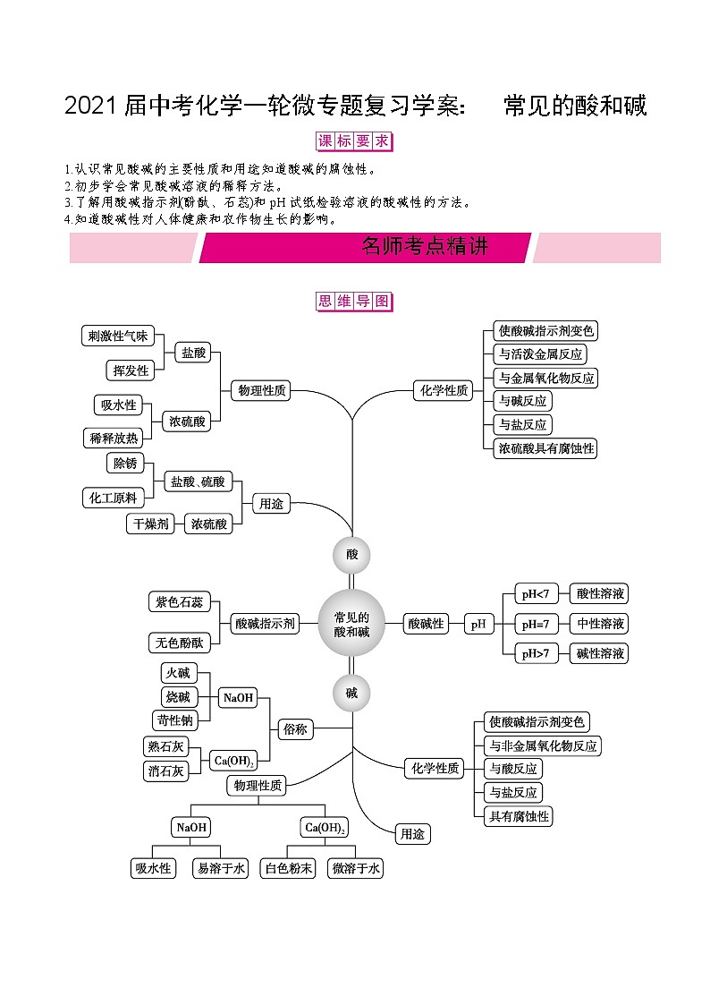 初中化学中考复习 2021届中考化学一轮微专题复习学案: 常见的酸和碱第1页