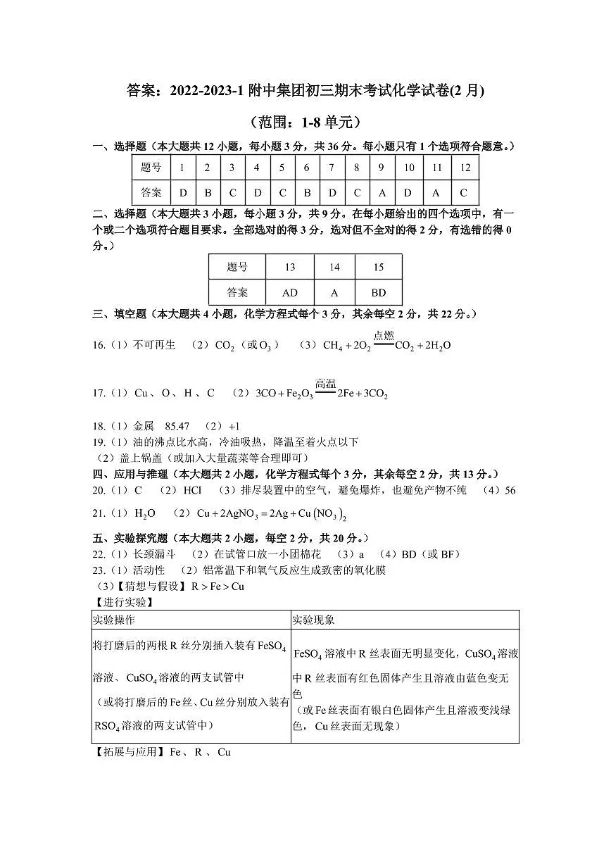 答案:2022-2023-1附中集团初三期末考试化学试卷(2月)第1页