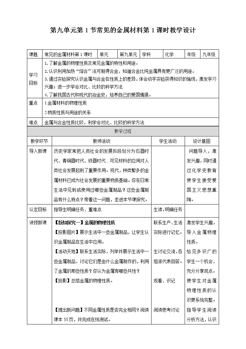 鲁教版化学九年级下册 9.1常见的金属材料(课件+教学设计+一课一练+素材)01