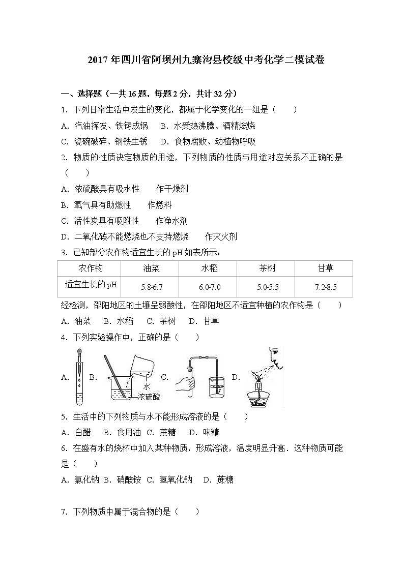初中化学中考复习 2017年四川省阿坝州九寨沟县校级中考化学二模试卷(解析版)第1页
