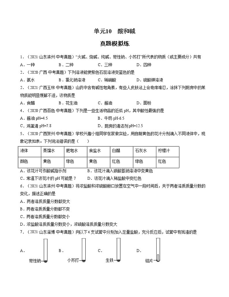 初中化学中考复习 单元10 酸和碱【真题模拟练】-2022年中考一轮化学单元复习过过过(人教版)(原卷版)第1页