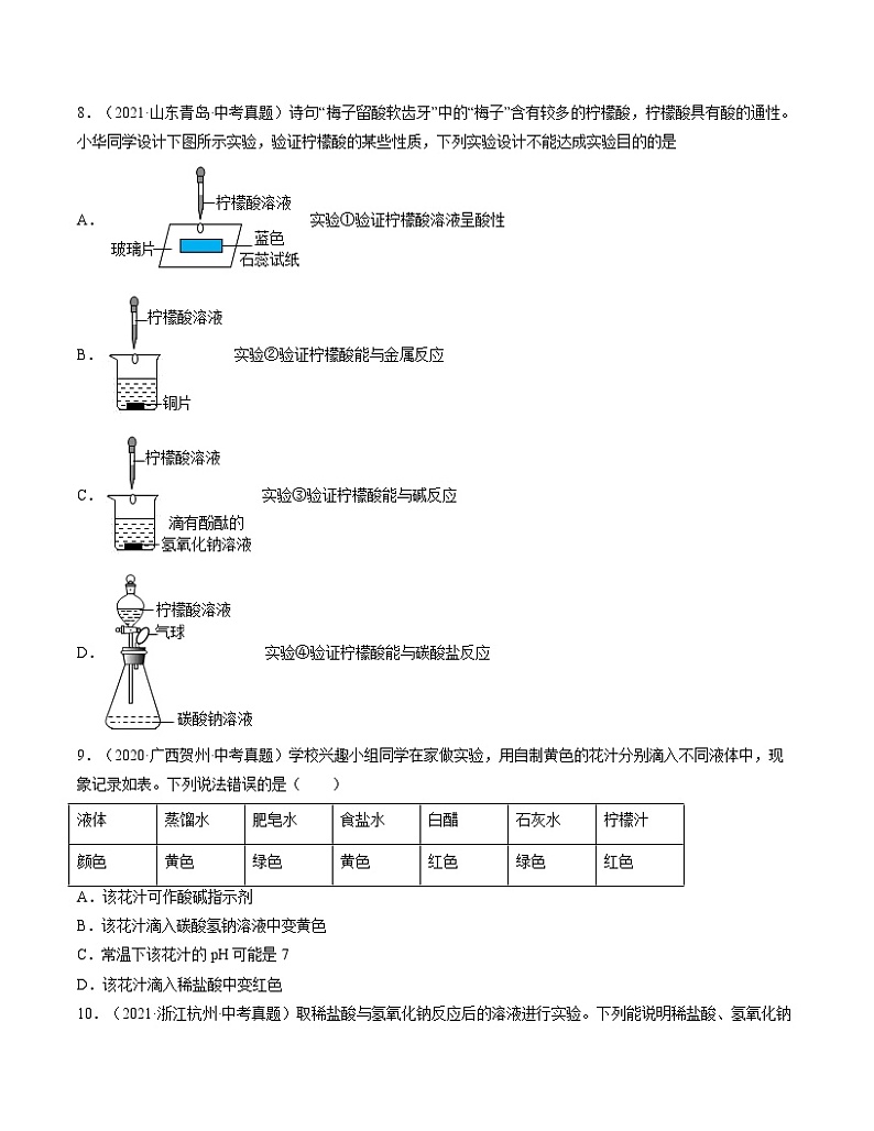 初中化学中考复习 单元10 酸和碱【真题模拟练】-2022年中考一轮化学单元复习过过过(人教版)(原卷版)第2页