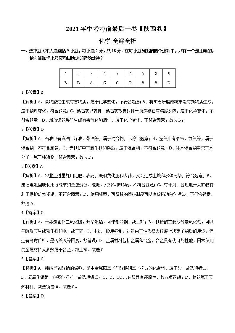 初中化学中考复习 化学-(陕西卷)【试题猜想】2021年中考考前最后一卷(全解全析)01