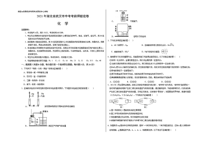 初中化学中考复习 化学-2021年湖北省武汉市中考化学考前押题密卷(考试版)第1页