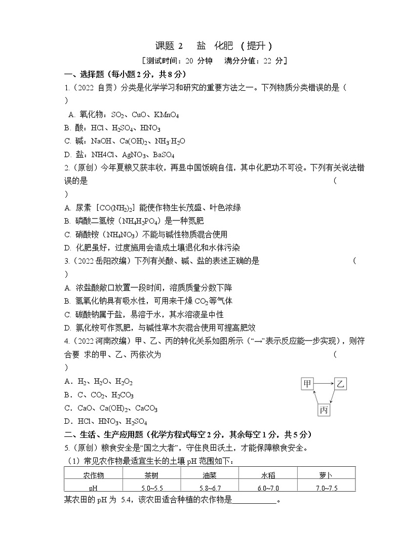 2023年山西中考化学专题突破提升【滚动迁移】课后小卷·课题2 盐 化肥(提升)(化学)第1页