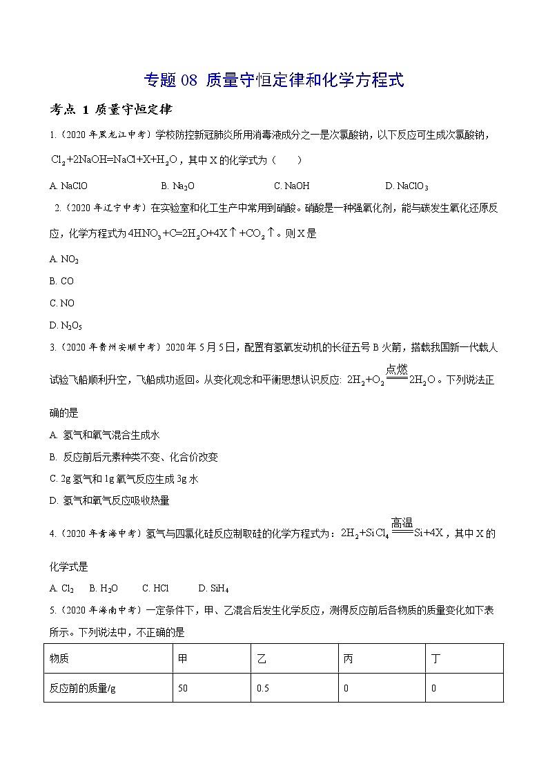 初中化学中考复习 专题 08 质量守恒定律和化学方程式-2020年中考真题化学分项汇编(原卷版)第1页