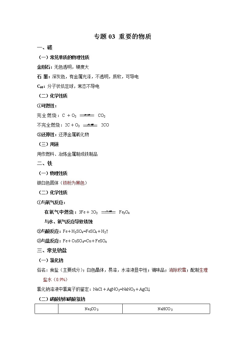 初中化学中考复习 专题03 重要的物质-【口袋书】中考化学必背知识手册(全国通用)第1页