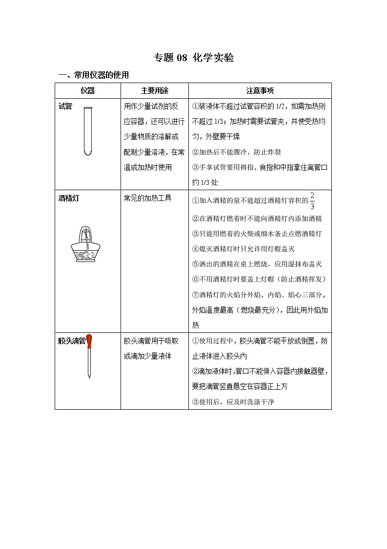 初中化学中考复习 专题08 化学实验-【口袋书】中考化学必背知识手册(全国通用)第1页
