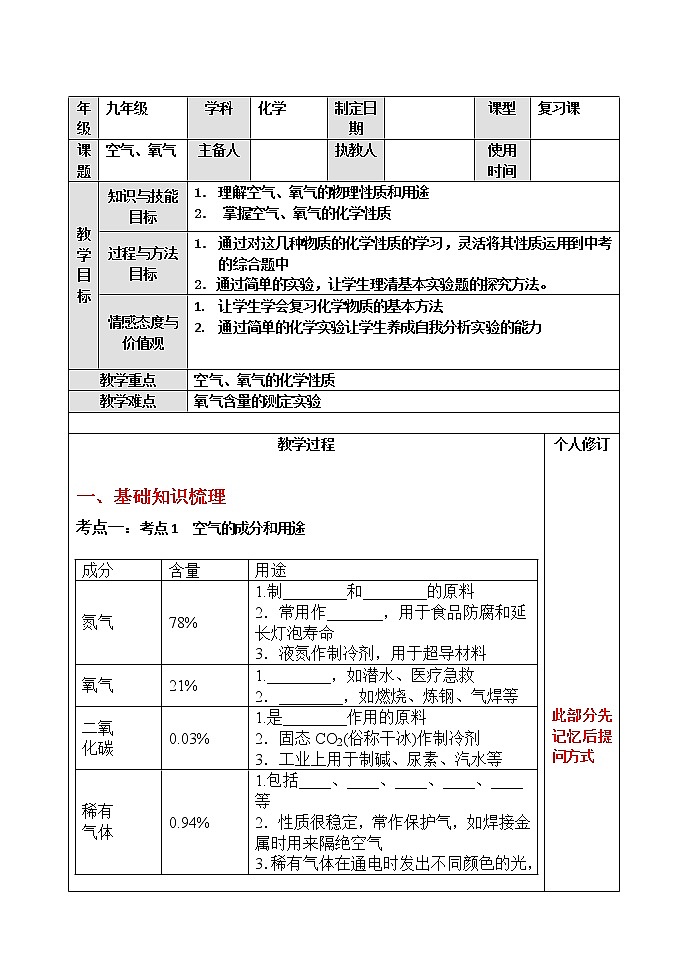 初中化学中考复习 人教版化学九年级一轮复习空气、氧气复习第1页