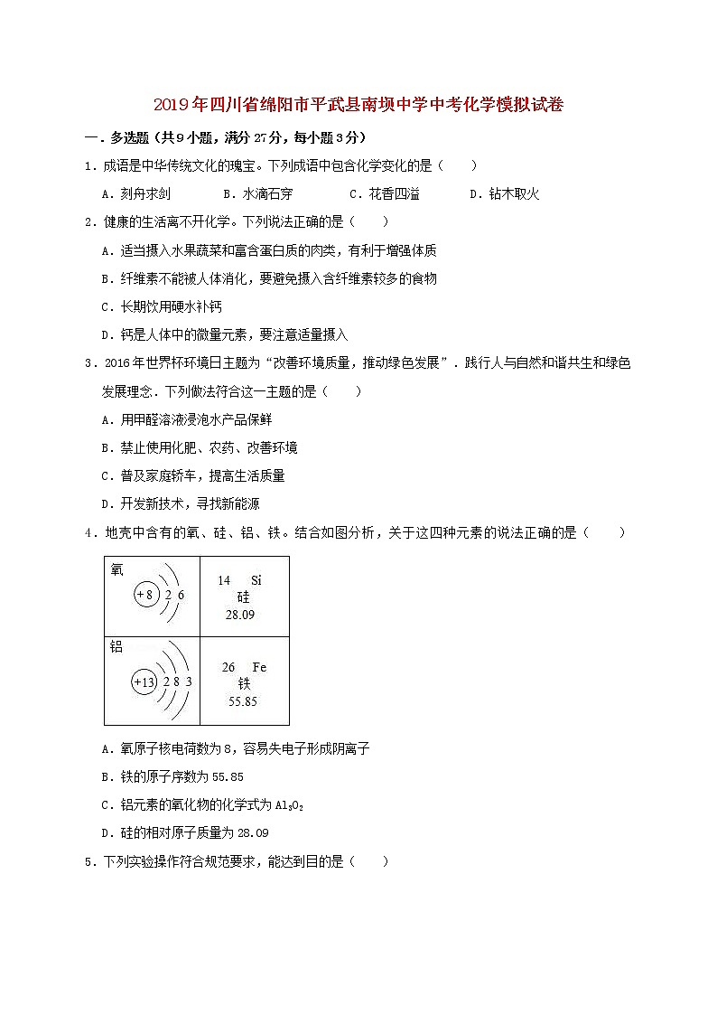 初中化学中考复习 四川省绵阳市平武县南坝中学2019年中考化学模拟试卷(含解析)第1页