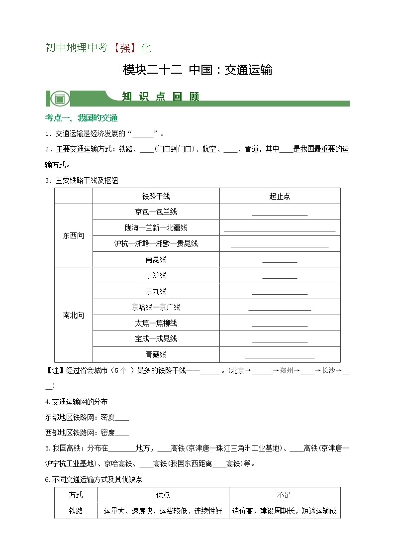 【备战中考】  初中地理强化学案 模块22：中国：交通运输 （含答案解析）01