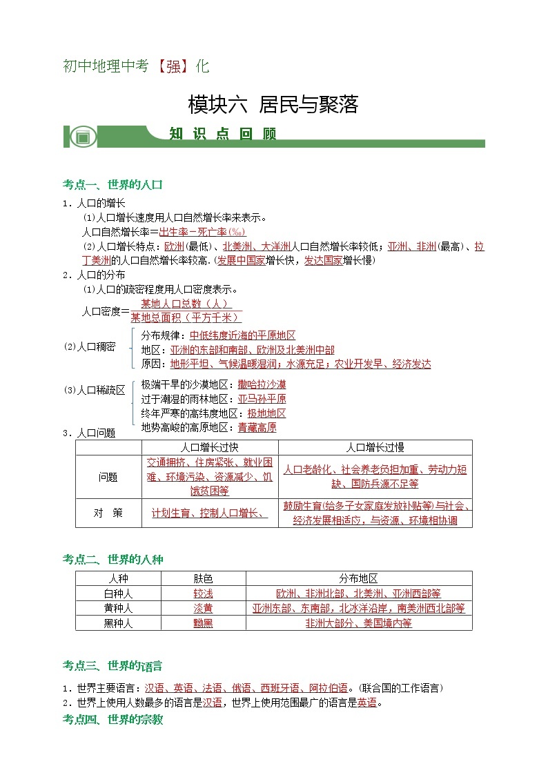 【备战中考】  初中地理强化学案 模块6：居民与聚落  （含答案解析）01