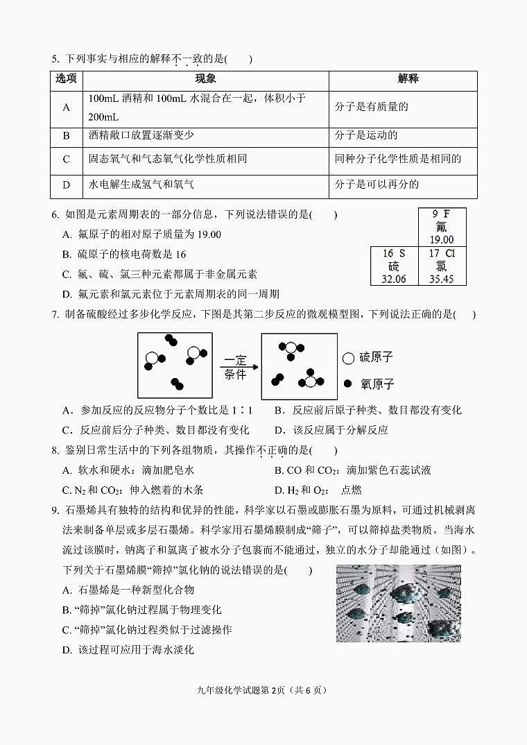 九年级化学试题第2页