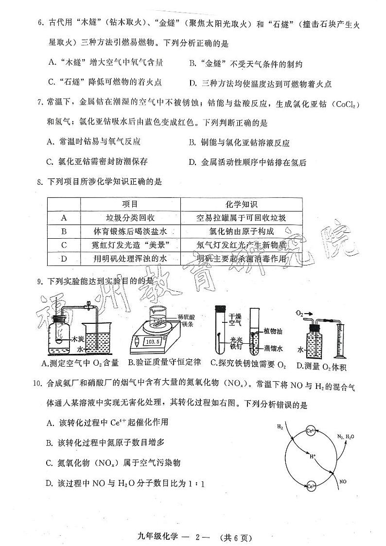 2022-2023学年福建省福州市初三一检化学试卷及答案02