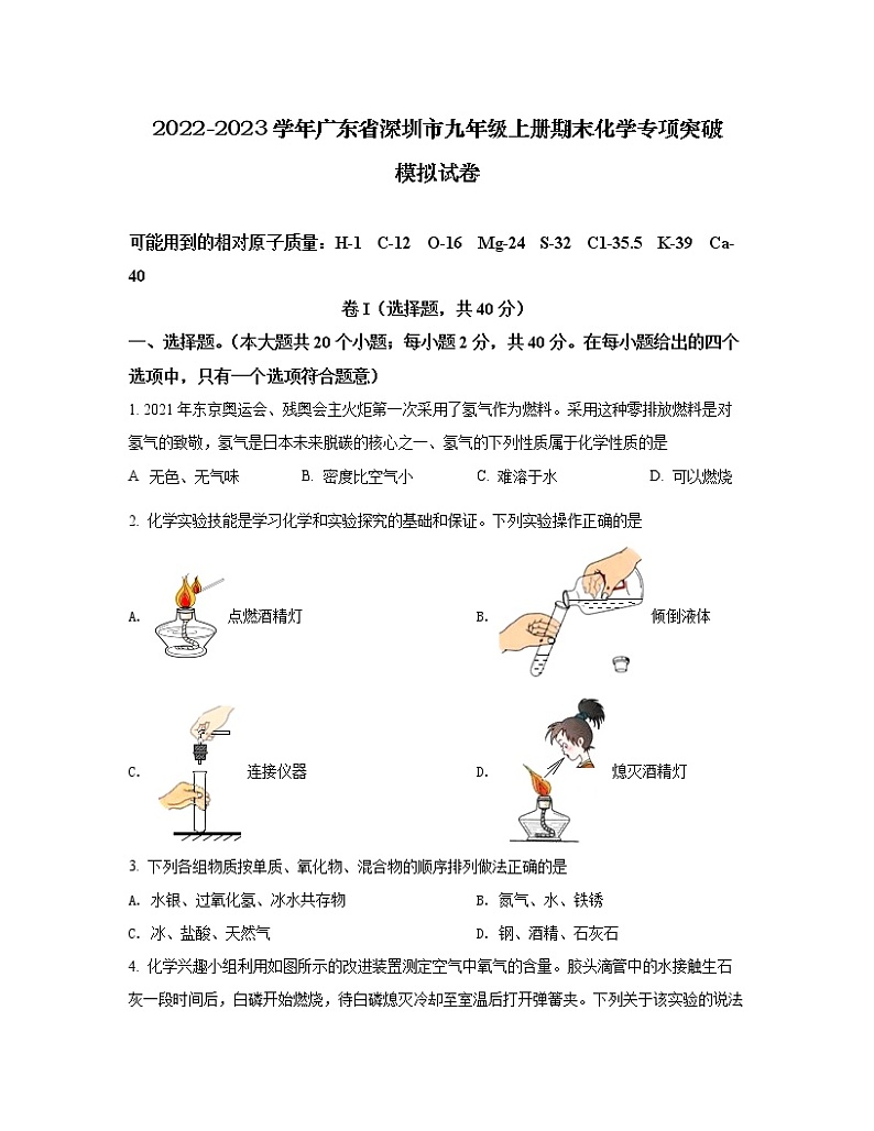 2022-2023学年广东省深圳市九年级上册期末化学专项突破模拟试卷(含解析)第1页