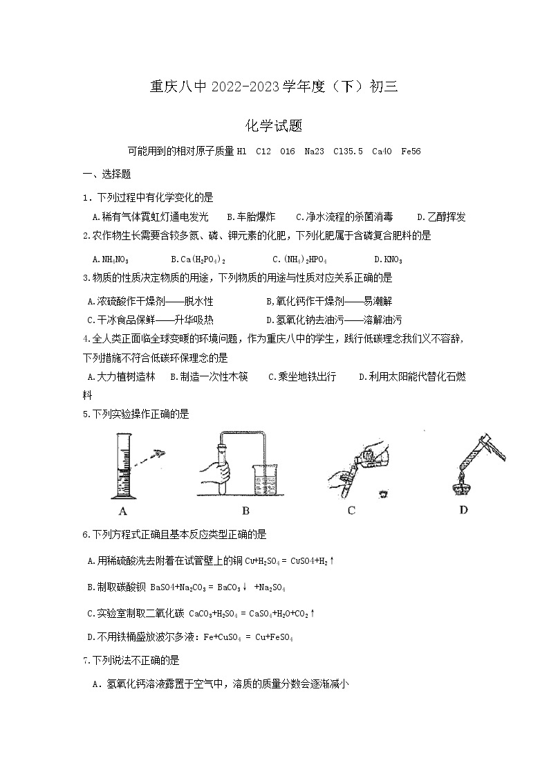 重庆市第八中学2022-2023学年九年级下学期第一次月考化学试题01