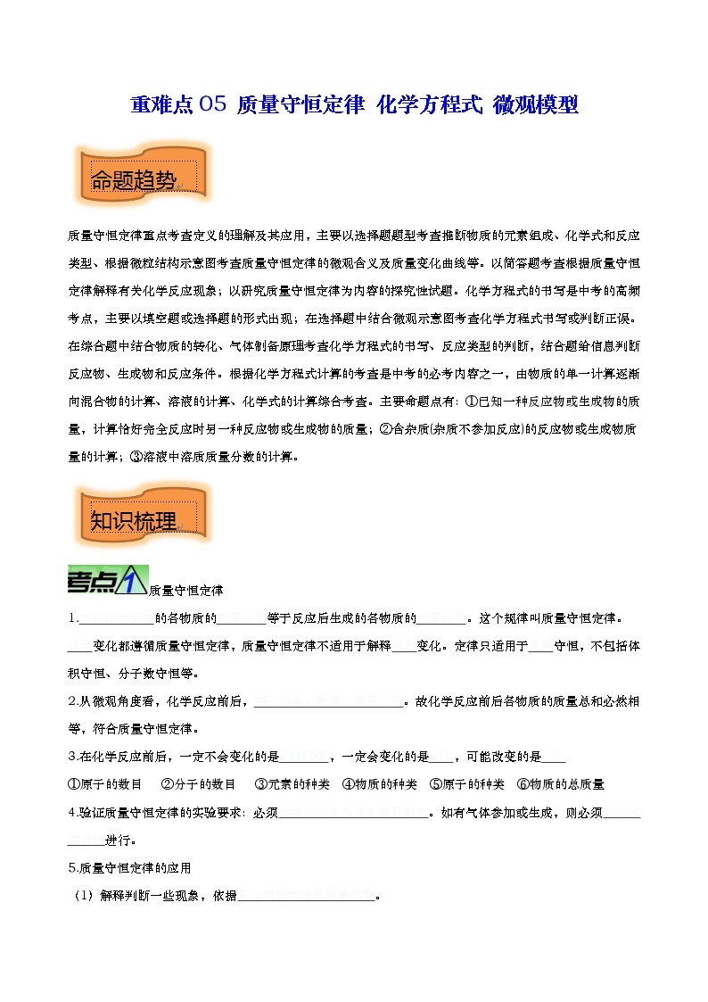 重难点05 质量守恒定律 化学方程式 微观模型-2023年中考化学【热点•重点•难点】专练（全国通用）01