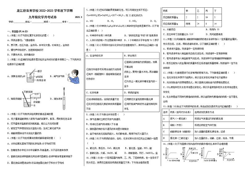 黑龙江省齐齐哈尔市龙江县育英学校2022-2023学年九年级下学期3月月考化学试题第1页