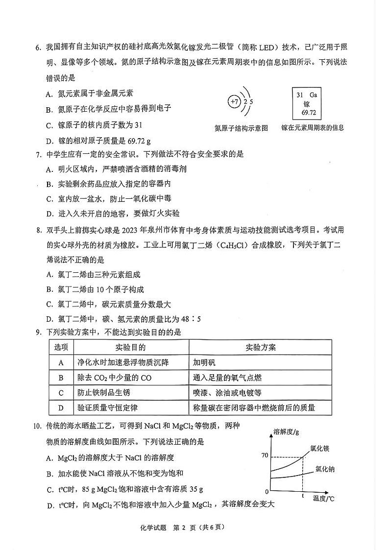 2022-2023学年泉州市南安市初三上学期期末教学质量监测(化学试卷)第2页