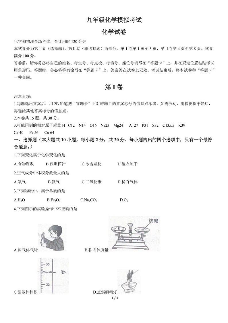 天津卷九年级化学中考模拟(教师用卷+学生用卷)01