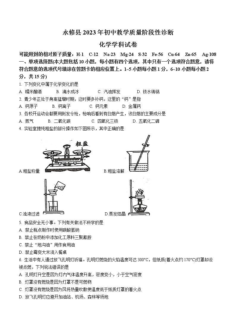 2023年江西省九江市永修县中考一模化学试题(含答案)01