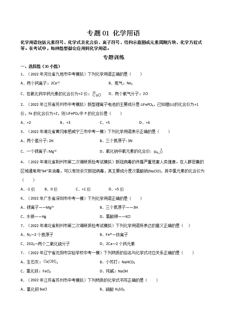 专题 01化学用语(原卷版+解析版)- 2023年中考化学总复习高频考点必刷题(全国通用)01