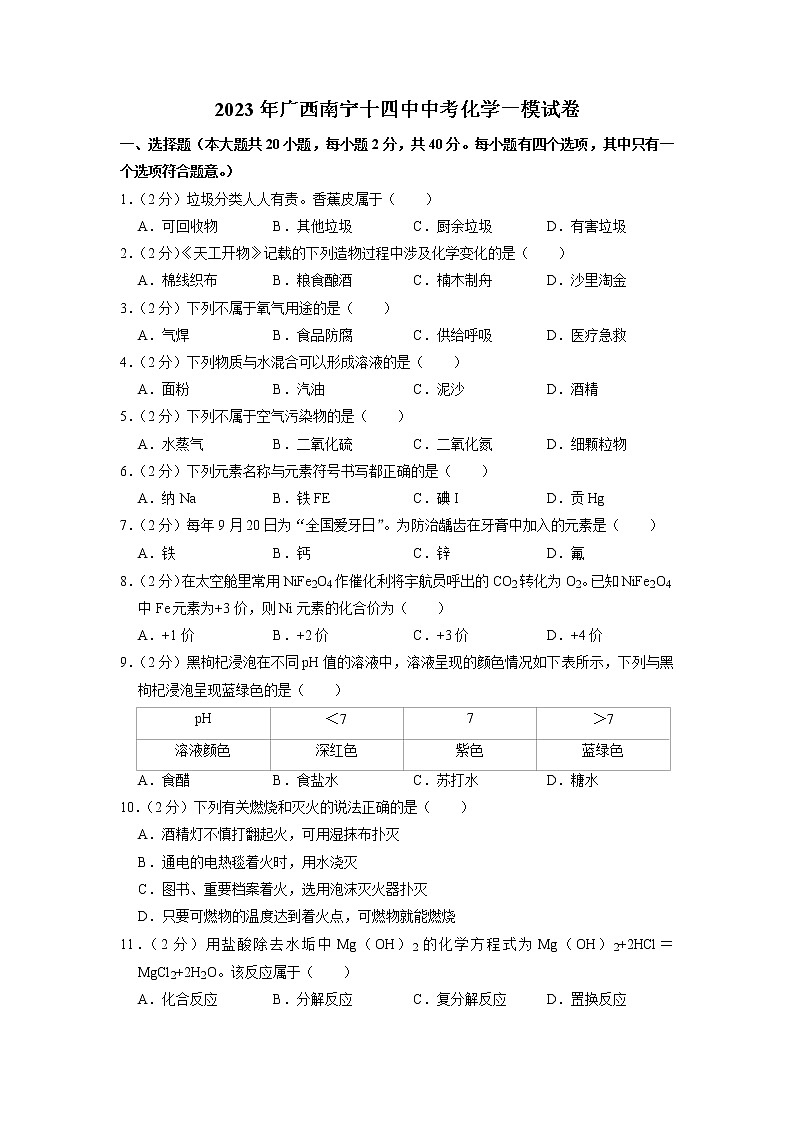 2023年广西南宁市第十四中学中考一模化学试卷01