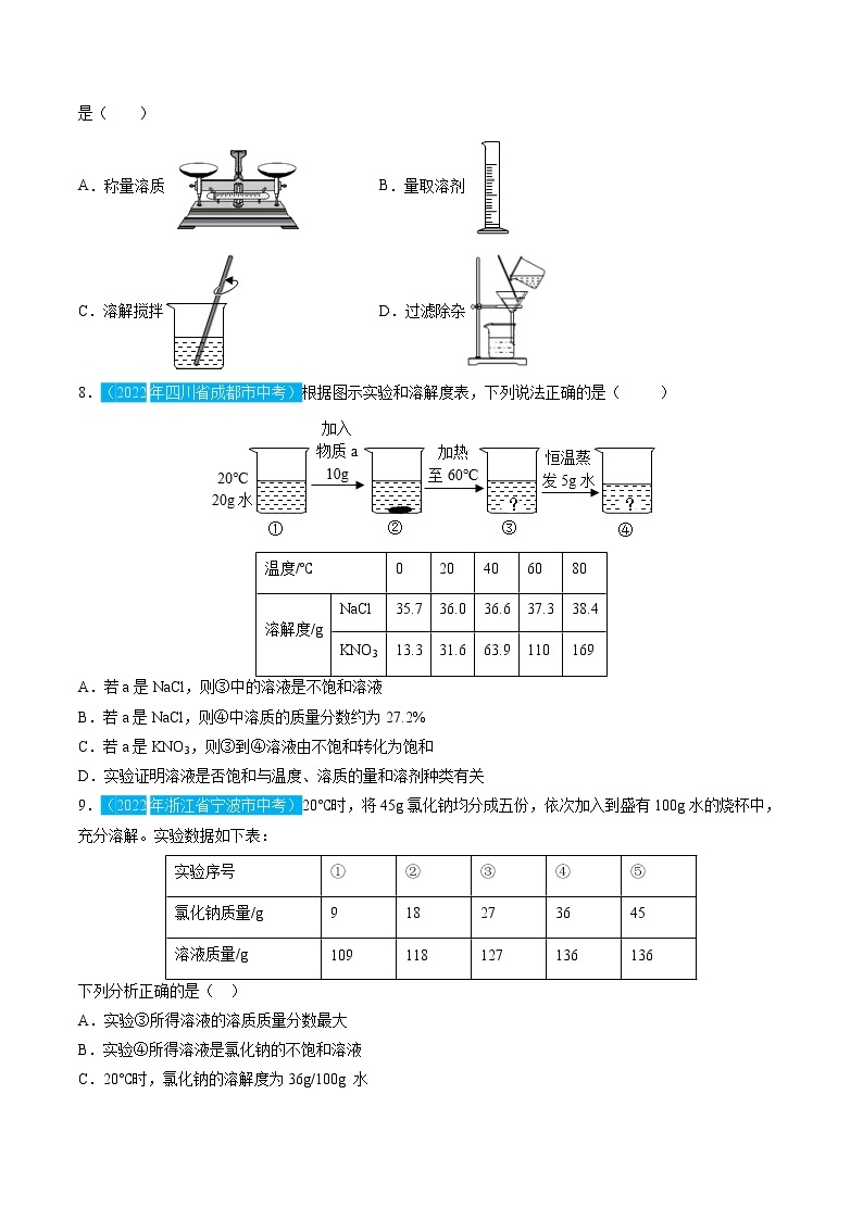 第九单元  溶液【习题专练】——2022-2023学年人教版化学九年级下册单元综合复习（原卷版+解析版）02