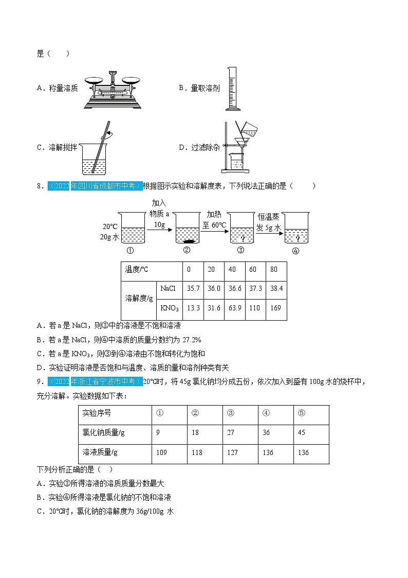 第九单元 溶液【习题专练】——2022-2023学年人教版化学九年级下册单元综合复习(原卷版+解析版)02