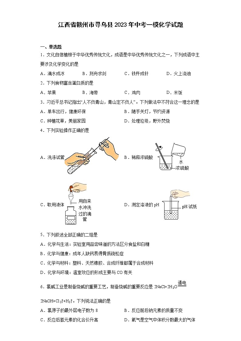 江西省赣州市寻乌县2023年中考一模化学试题01