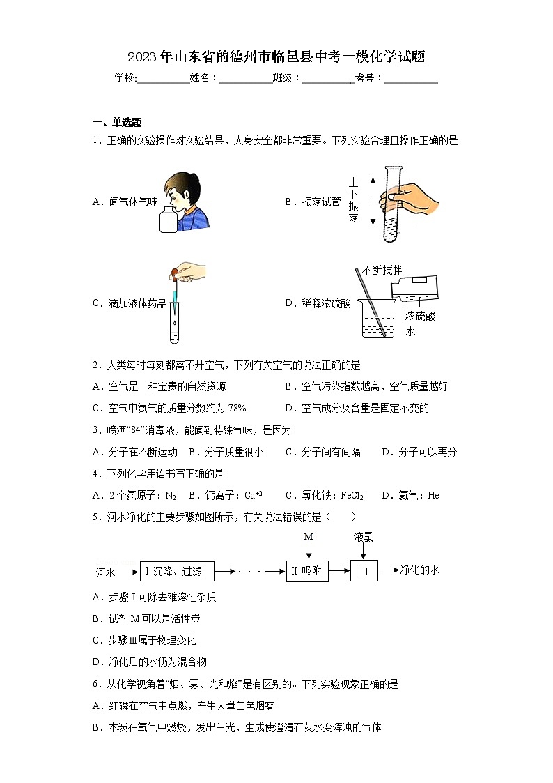 2023年山东省的德州市临邑县中考一模化学试题(含解析)01