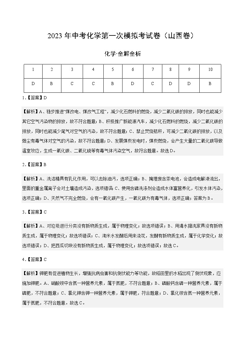 化学(山西卷)-2023年中考第一次模拟考试卷(全解全析)第1页
