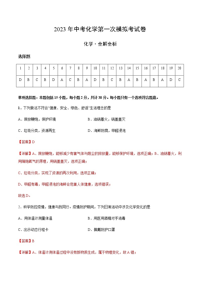 化学（扬州卷）-2023年中考第一次模拟考试卷01