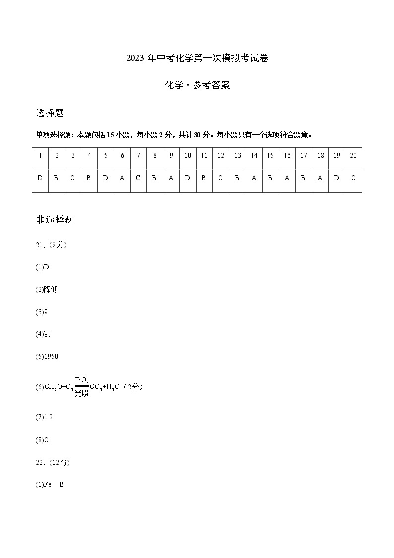 化学（扬州卷）-2023年中考第一次模拟考试卷01