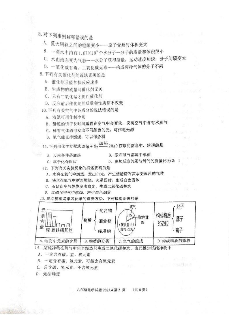 山东省泰安市东平县2022-2023学年八年级下学期期中考试化学试题02