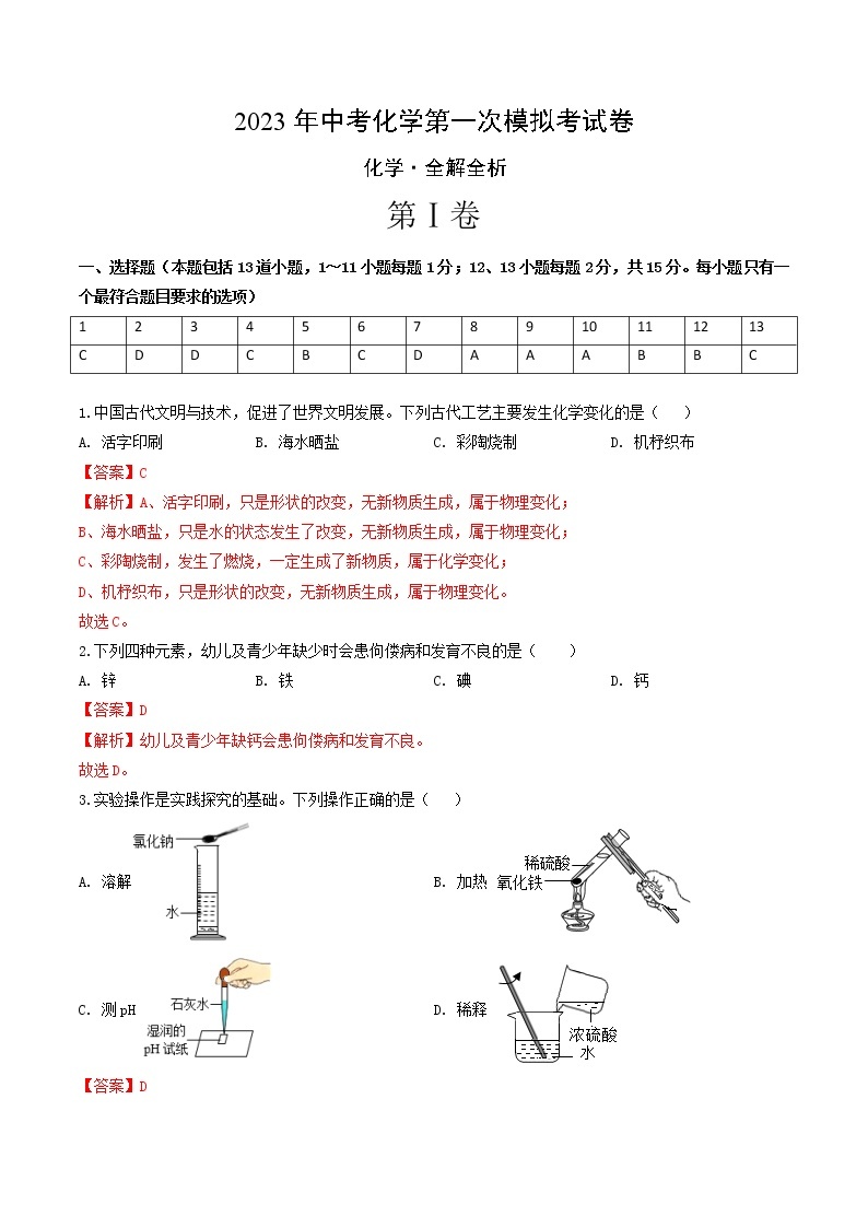 2023年中考第一次模拟考试卷化学（辽宁沈阳卷）（全解全析）01